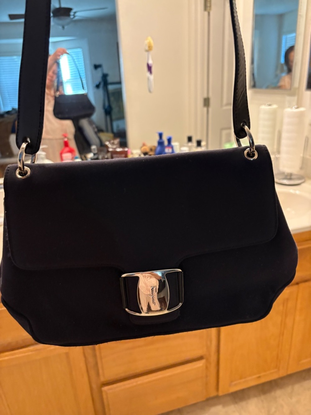 Salvatore Ferragamo Black Women’s Shoulder Bag with Silver Hardware